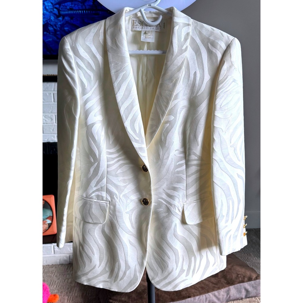 Escada Blazer Women 42 Cream Zebra Jacquard Silk Blend Excellent ML Gold Buttons